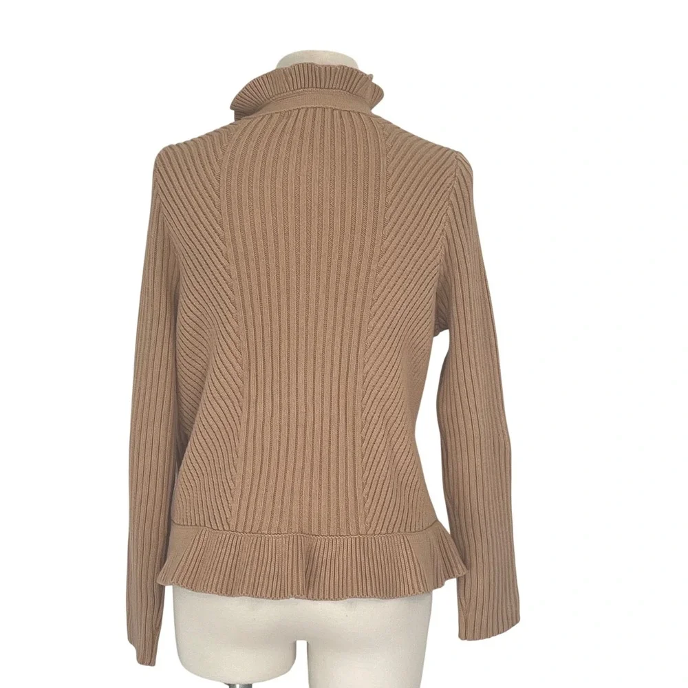 ROAMANS Womens Military Style Cardigan Sweater Beige Ruffle Collar Buttons‎